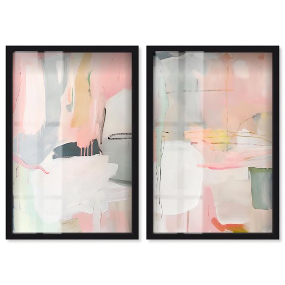 Blush Oasis Minimalist 2 Panel Set Shadowbox Print Living Room Wall Art by Art Remedy, Black Frame, 21 x 31