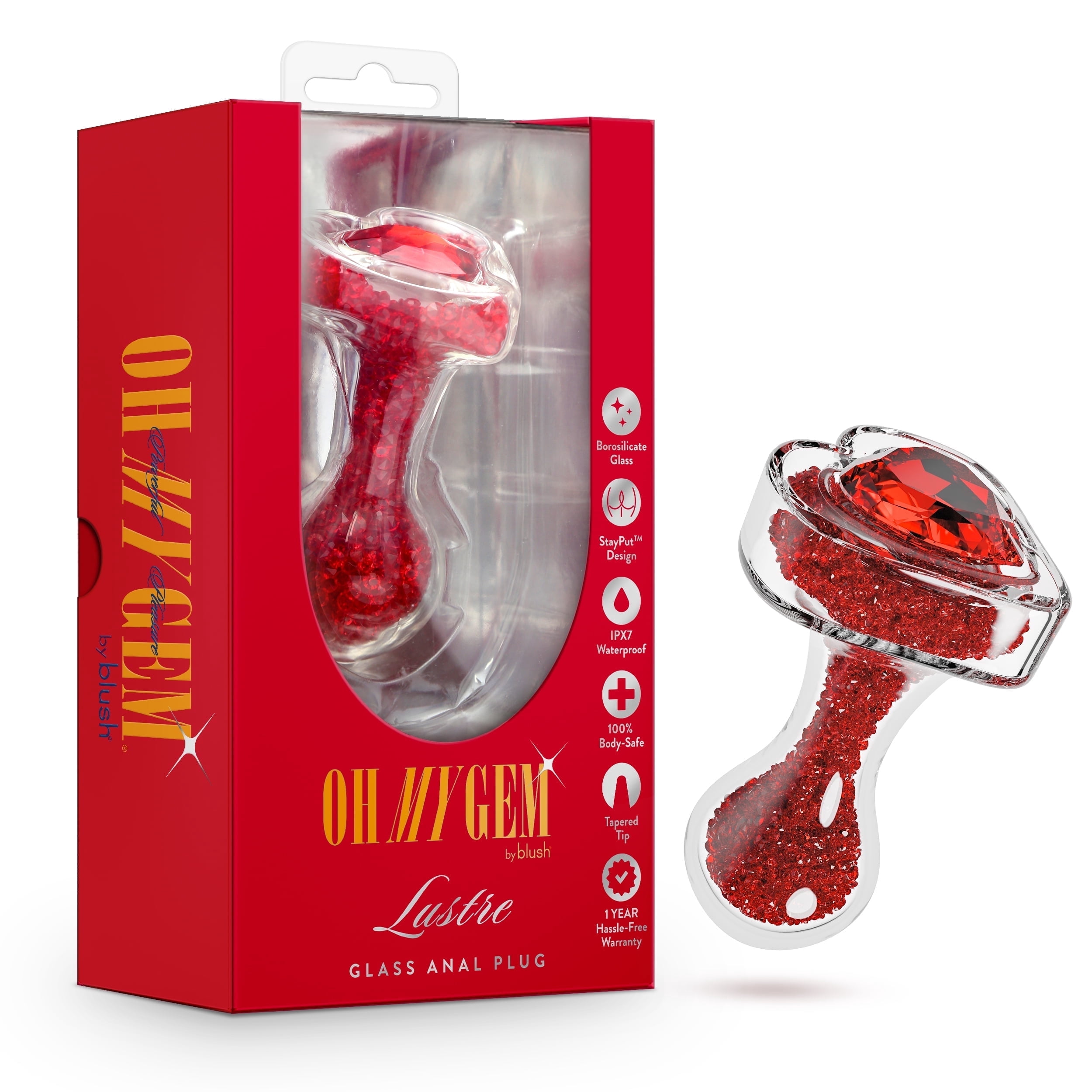 Blush Oh My Gem - Lustre Glass Anal Plug With Ruby Heart-Shaped Base -  Premium Borosilicate Glass - Tapered Tip & StayPut Design - Body-Safe,  Hypoallergenic, Easy to Clean - Adult Sex