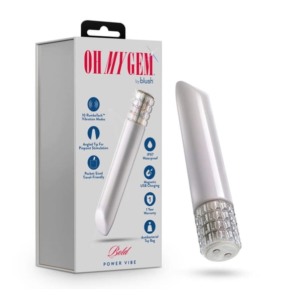 Oh My Gem | Bold 5 Inch Pocket-Sized Power Vibrator With Tapered Tip Diamond Gem Base In White