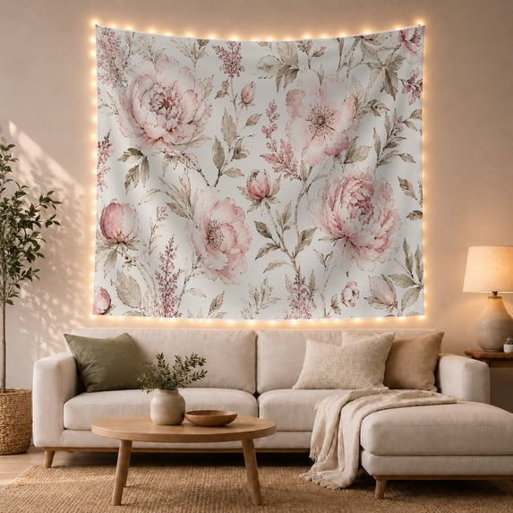 Blush Peonies on Ivory Field, Romantic Watercolor for Home Decor Enthusiasts, Botanical Art Print, Anniversary Gift, Tapestry Wall Hanging for Bedroom and Living Room