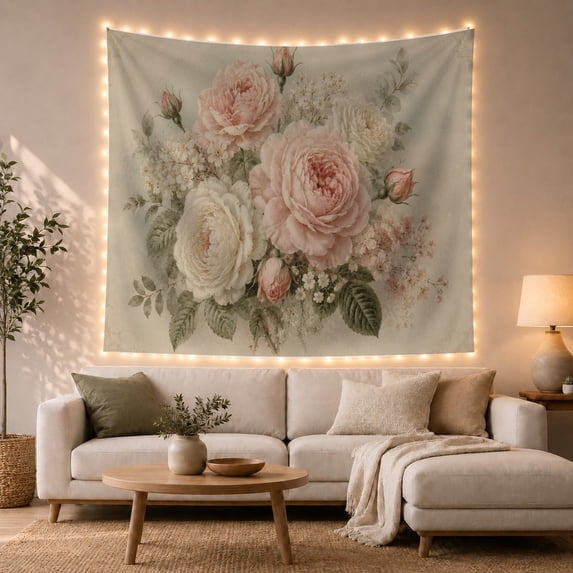 Blush Peonies and Roses on Sage Green, Romantic Vintage for Garden Lovers, Floral Botanical Wall Art, Mother's Day Gift, Tapestry Wall Hanging for Bedroom and Living Room
