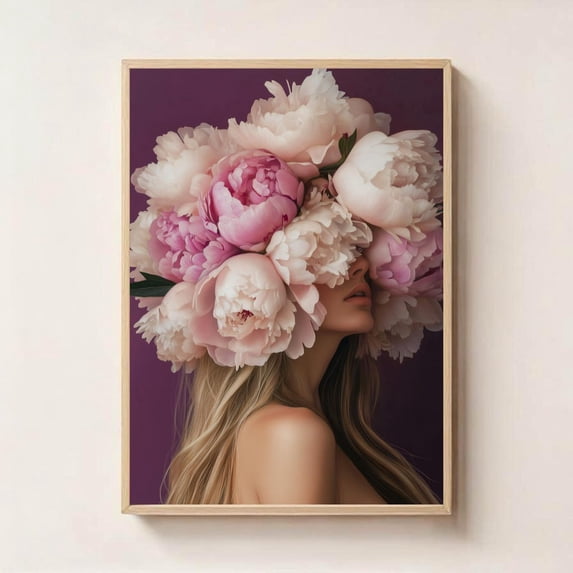 Blush Peony Woman Wall Art Soft Feminine Floral Portrait, Stretched