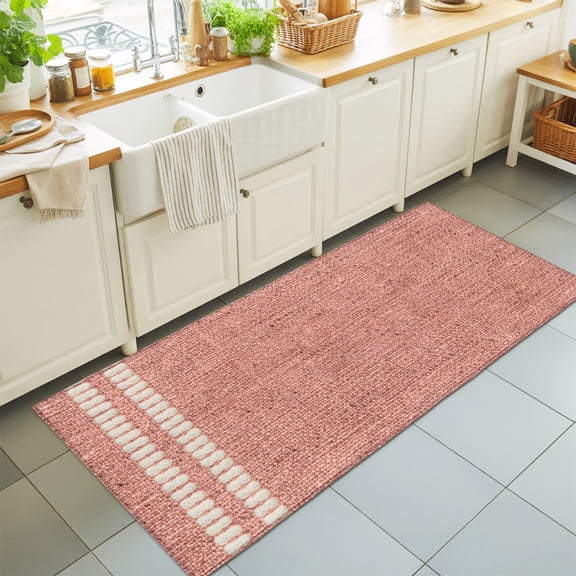 Blush Pink 2'x6' Runner Rugs for Hallway Walkway Kitchen Galley, Oatmeal Beige Pink Woven Fabric Texture Rustic Farmhouse Soft Sturdy Washable Mats Non Slip Long Corridor Area Rug
