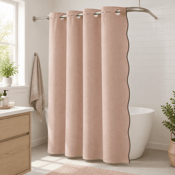 Blush Pink 48"W x 75"L (Pack of 1) Scalloped Faux Linen Fabric Shower Curtain