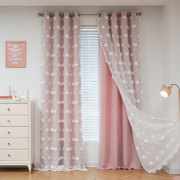 Blush Pink 52"W x 84"L (Pack of 2) Blackout Double Layer Pom Sheer Overlay Window Curtains