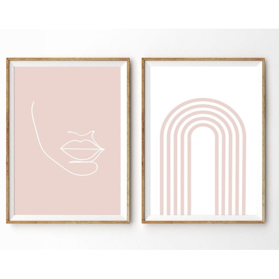 Blush Pink Abstract Prints Art Face Line Art Arch Modern Rainbow Art Modern Wall Decor Prints Set 2