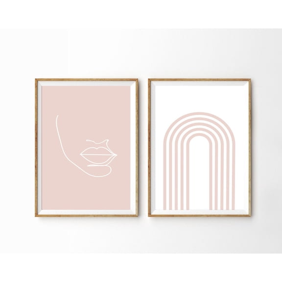 Blush Pink Abstract Wall Art Face Line Art Arch Rainbow Minimalist Art Set 2 Stretched Canvas 16x24