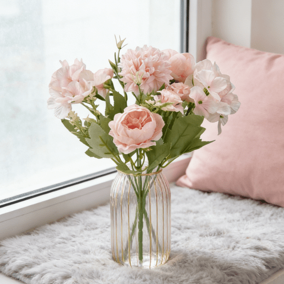 Blush-Pink Artificial Flowers Bouquet - Mixed Faux Roses & Green Foliage, Adjustable Stems & Long-Lasting Faux Fabric, Ideal for Home Decoration, Wedding Decor & Table Centerpieces