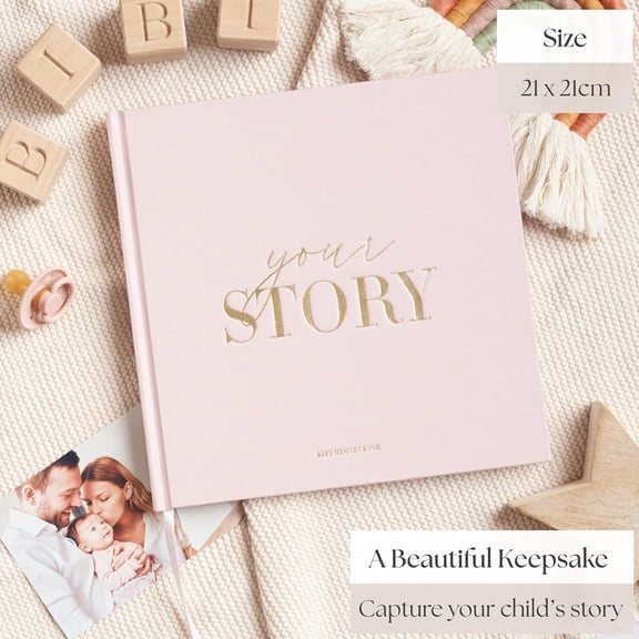 Blush Pink Baby Girl Memory Book - Gold Foil Fabric Cover, Birth-to-5 Keepsake & Milestone Tracker (Photo Pages)