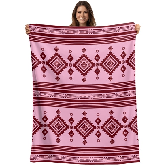 Blush Pink Boho Southwestern Blanket Soft Cozy Warm Throw Blanket for Couch, Plush Fuzzy Flannel Blankets for Sofa, Vintage Ethnic Tribes Zigzag Tile Bed Blankets Lightweight Gifts for Women, 40"x50"