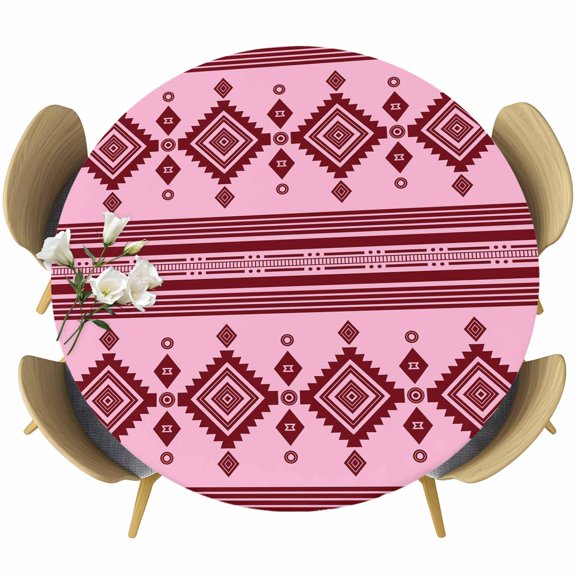 Blush Pink Boho Southwestern Round Tablecloth 45-54 Inch Round Fitted Table Cloth with Elastic Edge, Vintage Tribes Zigzag Tile Waterproof Table Cover Protector for Outdoor Picnic Party Dining