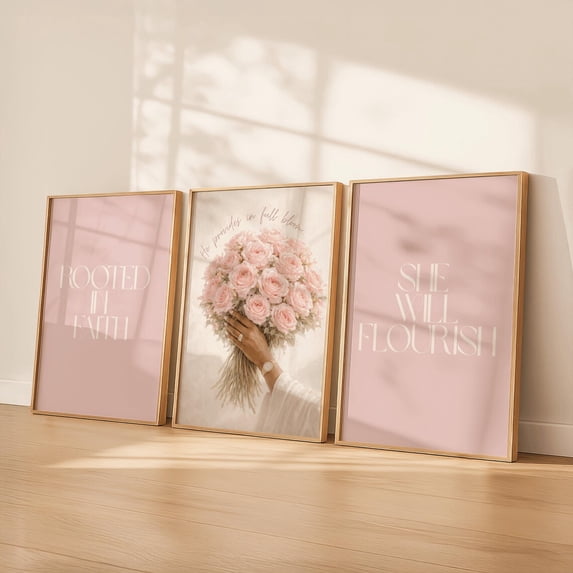 Blush Pink Christian Wall Art Feminine Faith Bedroom Decor Rooted in Faith She Will Flourish Set 3 Stretched Canvas 16x24