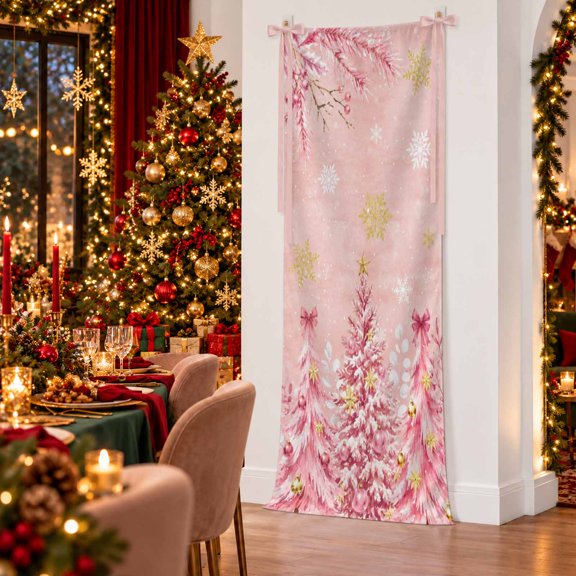 Blush Pink Christmas Trees Banner Fabric Backdrop, 27X78 Inch Winter Pine Gold Snowflakes Stars Welcome Sign Banner with Hanging String, Reusable Backdrop for Wedding Birthday Party Yard Wall Decor