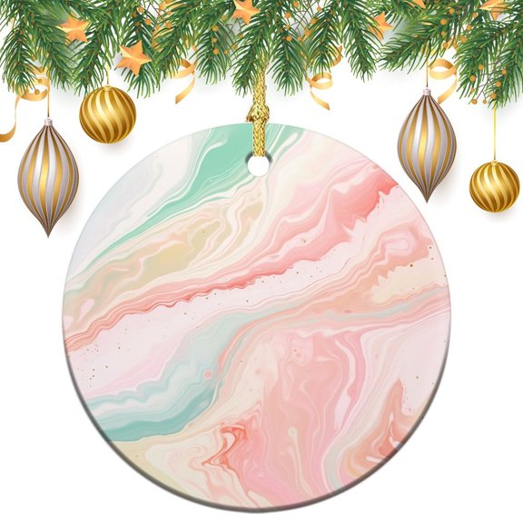 Blush Pink Coral Mint Green Rainbow Marble Swirls Ceramics Ornaments Abstract Ink Painting 3" Circle Ceramic Ornament Xmas Tree Decorations Flat Circle Ceramic Ornament Funny Gifts for Women/Men