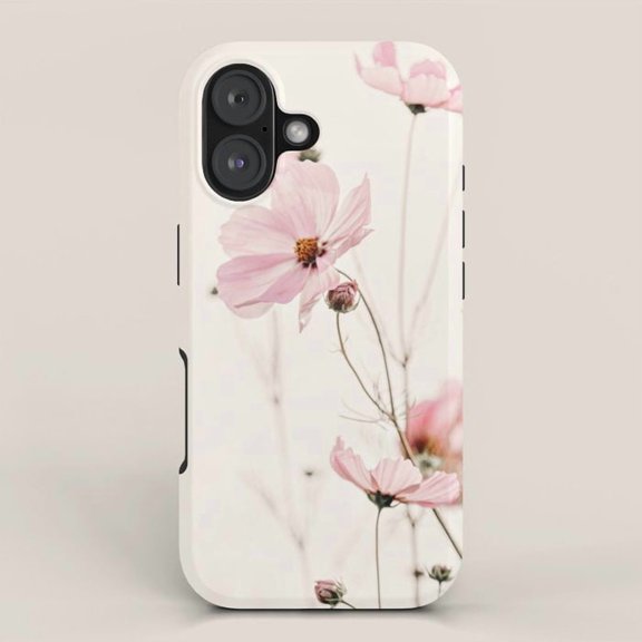 Blush Pink Cosmos Flowers on Ivory Tough Case for Apple iPhone Series, Polycarbonate Outer Shell with TPU Liner