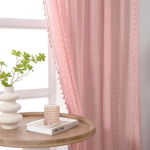Blush Pink Curtains 2 Panels 84 Inches Long Cotton Crochet Lace Sheer Curtain Cute Soft Baby Pink Curtains for Girls Room Nursery Living Room,Rod Pocket Tassel Semi Sheer Drapes,Dusty Grey Pink
