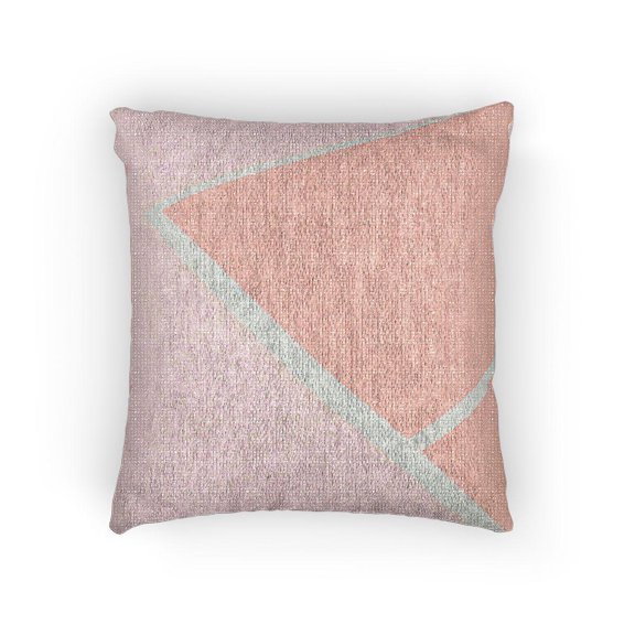 Blush Pink, Dusty Coral and Pale Blue Geometric Triangles Decorative Woven Pillow, Cotton-Polyester Shell