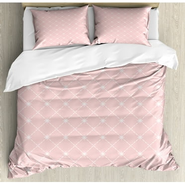 Blush Pink Duvet Cover Set, Abstract Monochrome Geometric Lace Inspired Grid Ornament with Stars Print, Decorative 3 Piece Bedding Set with 2 Pillow Shams, Calking Size, Blush and White, by Ambesonne