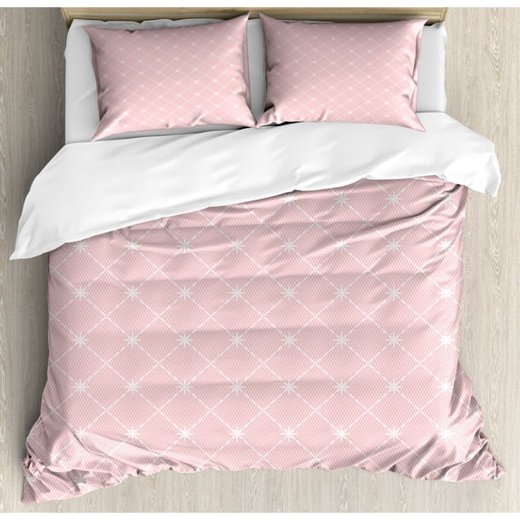 Blush Pink Duvet Cover Set, Abstract Monochrome Geometric Lace Inspired Grid Ornament with Stars Print, Decorative 3 Piece Bedding Set with 2 Pillow Shams, Queen Size, Blush and White, by Ambesonne