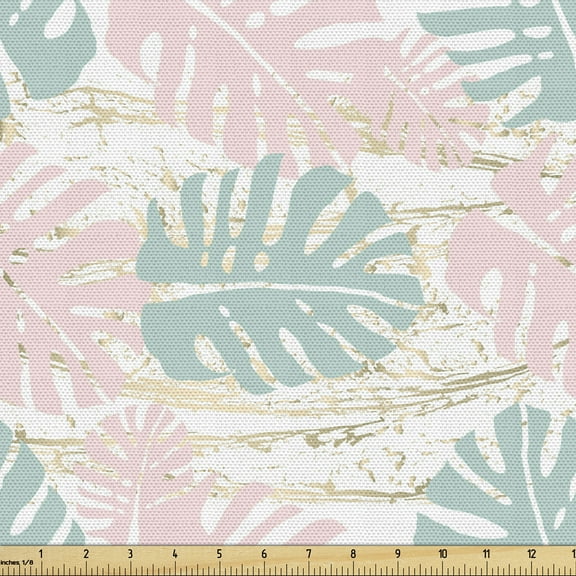 Ambesonne Blush Pink Fabric by the Yard Upholstery, Bicolour Monstera Leaves, 1 Yard, White and Multicolor