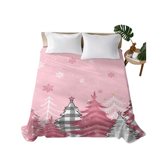 Blush Pink Flat Sheet Only Twin Size, Soft Breathable Bed Top Sheets for Mattress, Christmas Pine Tree Lattice Dots Luxury Bedding Flat Sheets for Home Hotel Bedroom Bed Protection