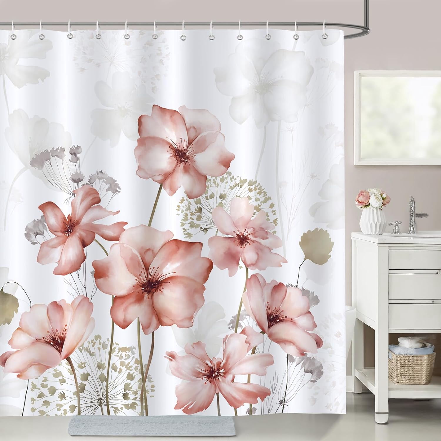 Blush Pink Floral Shower Curtain for Bathroom Watercolor Flowers
