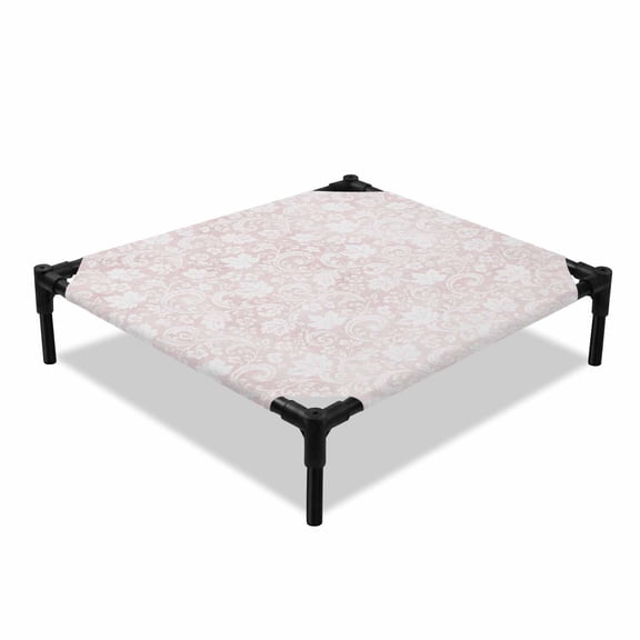 Blush Pink Flower Elevated Dog Bed, Vintage Pink Botanical Floral Leaf Scrolls Cooling Breathable Outdoor Raised Dog Cot Bed with Metal Frame Non-Slip Feet for Small Dog 20x20in