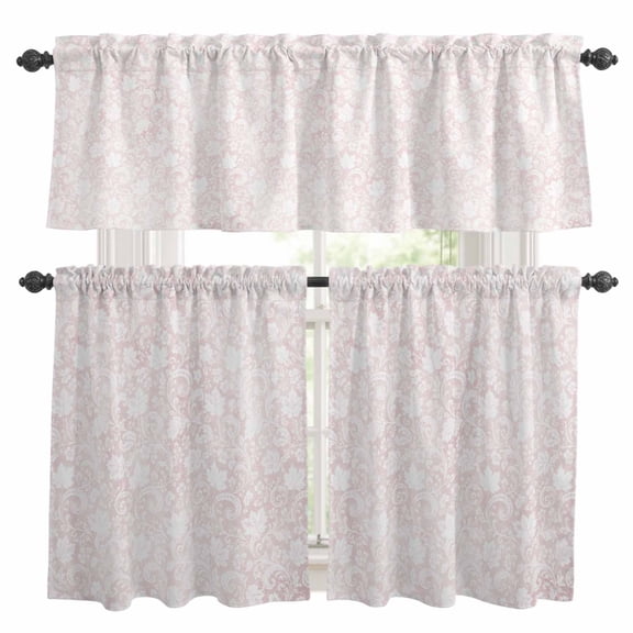 Blush Pink Flower Kitchen Curtains and Valances Set, Vintage Pink Botanical Floral Leaf Scrolls Rod Pocket Window Valance Window Curtain Panels for Living Room Bedroom Laundry, 27.5x36in, 3 Pieces