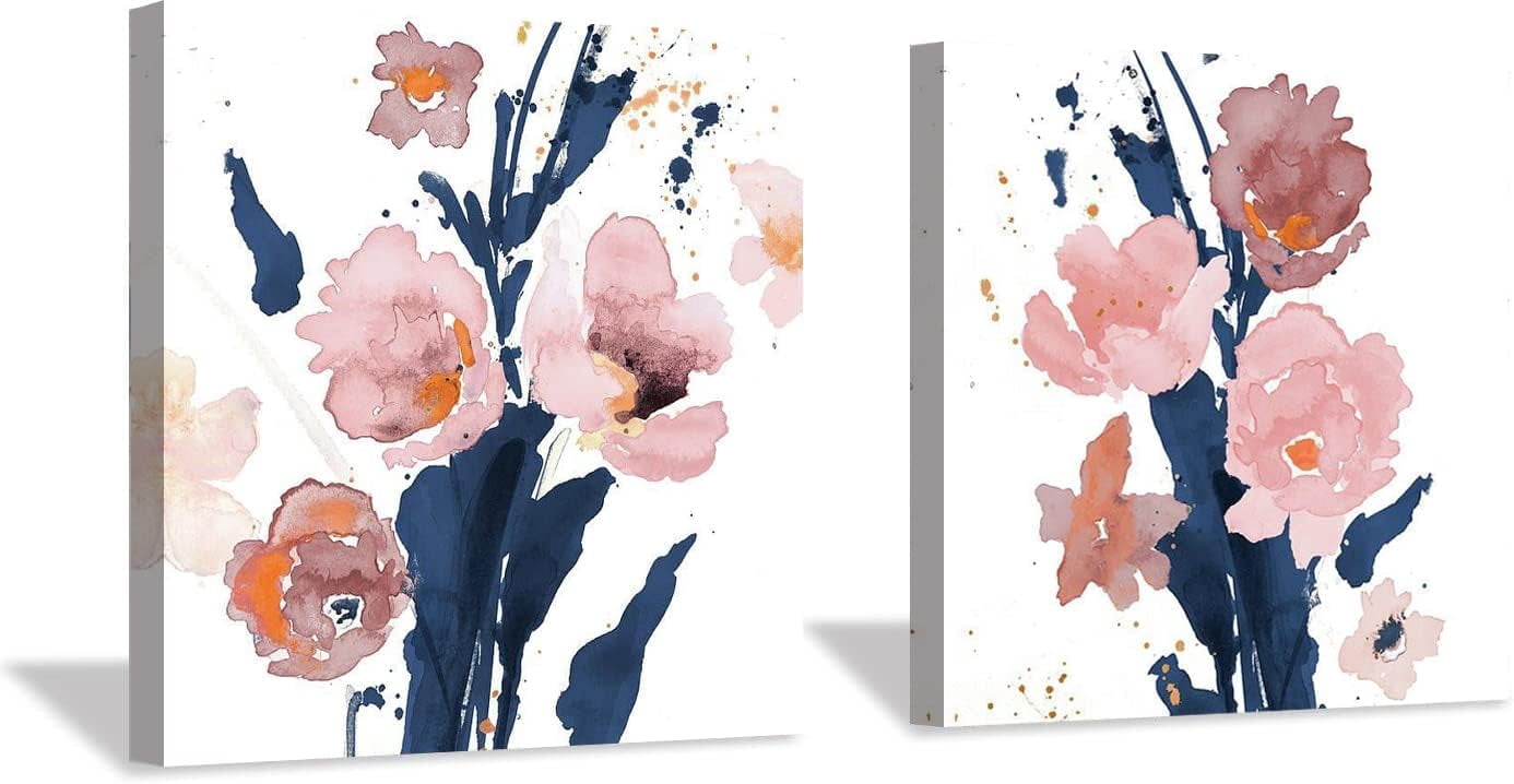 Blush Pink Flowers Wall Decor Pink and Navy Blue Canvas Wall Art ...