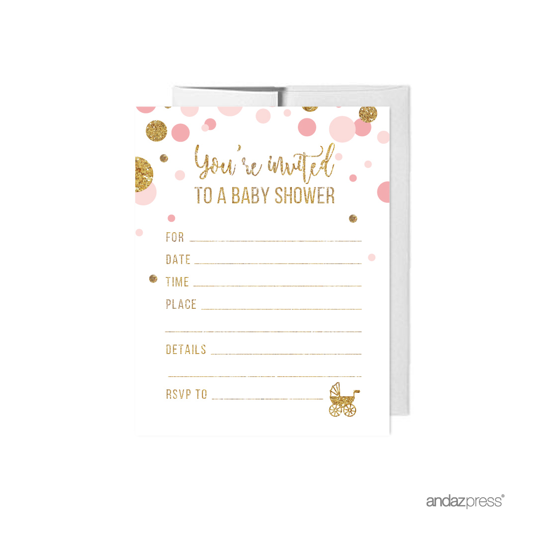 Blush Pink Gold Glitter Baby Shower Blank Invitations with Envelopes, 20ct
