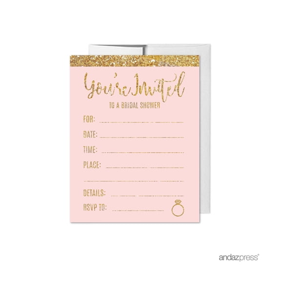 Koyal Wholesale Blush Faux Gold Glitter Bridal Shower Paper Invitations, Blank Cards with Envelopes, 20-Pack