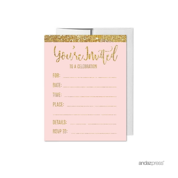 Blush Pink Gold Glitter Print Wedding Blank Party Invitations with Envelopes, 20-Pack