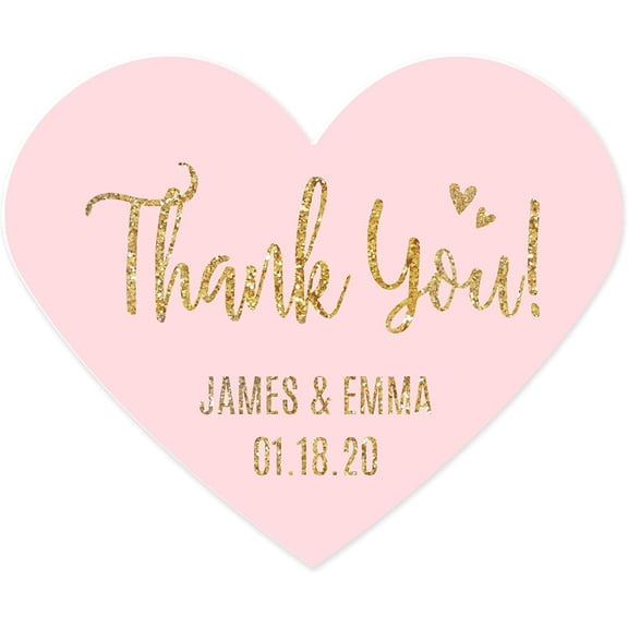 Blush Pink Gold Glitter Print Wedding Collection, Personalized Mini Heart Label Stickers, Thank You, 75-Pack, Custom Name