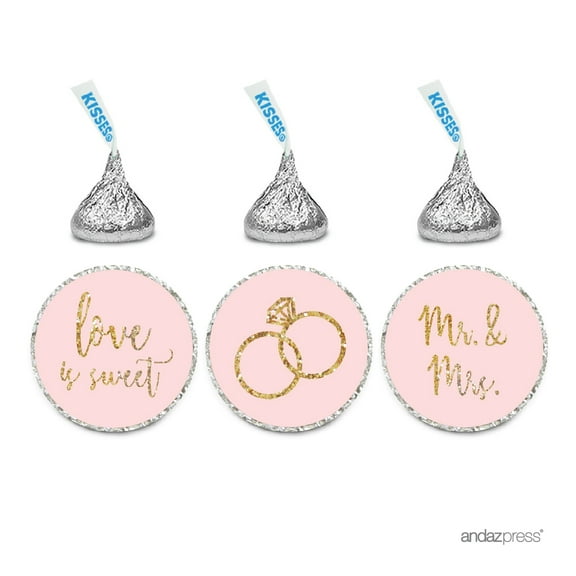 Blush Pink Gold Glitter Print Wedding Hersheys Kiss Stickers, 216-Pack