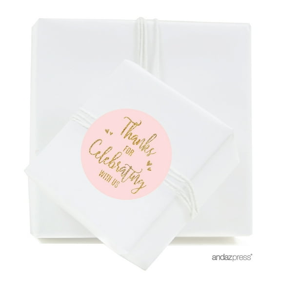 Blush Pink Gold Glitter Print Wedding Round Circle Label Stickers, Thank You for Celebrating With Us, 40-Pack