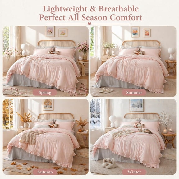 Blush Pink Comforter Set King – Soft Microfiber, Lightweight All Season Bedding, Ruffle Shabby Chic Cozy Bed Set with 2 Pillow Shams, Machine Washable