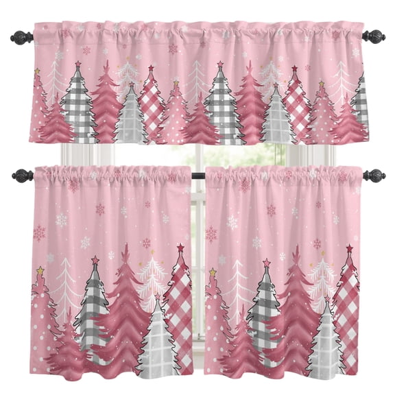 Blush Pink Kitchen Curtains, Kitchen Curtains and Valances Set of 3, Christmas Pine Tree Lattice Dots Light Filtering Tailored Tier Curtain 24 Inch Length Drapes for Cafe Sink Bedroom