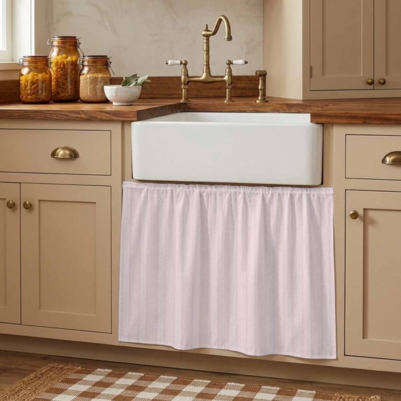 Blush Pink Line Striped Small Cabinet Curtains 10"W x 11"L, Farmhouse Pink Stripes Sink Skirt Dust-Proof Short Curtain for Bathroom Vanity Storage Cubby Desk, Self Adhesive Privacy Drapes