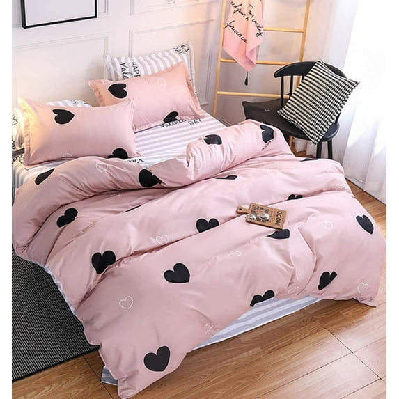 Blush Pink Love Heart Print Duvet Cover Twin Black and Dusty Rose Bedding Set Reversible Blue White Striped Microfiber Comforter Cover