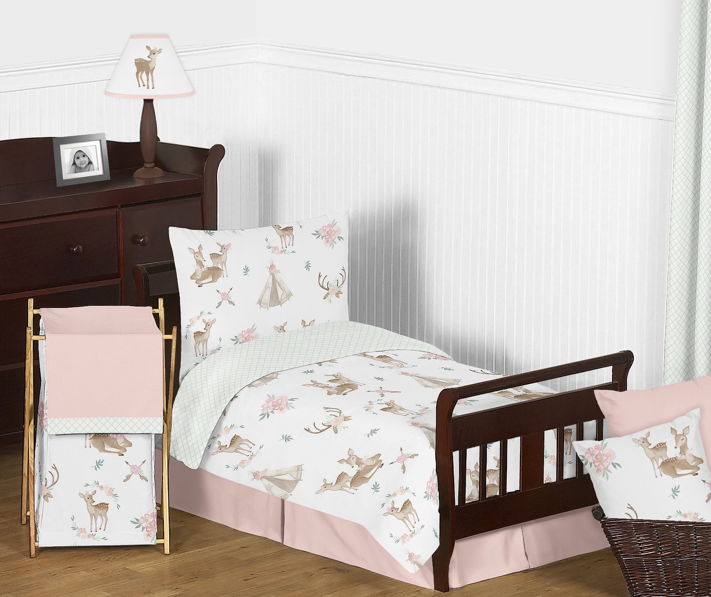 Sweet Jojo Designs Deer Floral White Taupe and Pink Toddler Bed Comforter 5 Piece Bedding Set Walmart