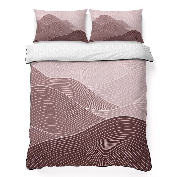 Blush Pink Mountain Ridges 3 Piece Quilt Bedding Set with 2 Pillow Shams, Pink Ombre Line Mountains Abstract Lightweight Bedspread Coverlet, Soft Breathable All Season Quilt, 96 x 106 Inch