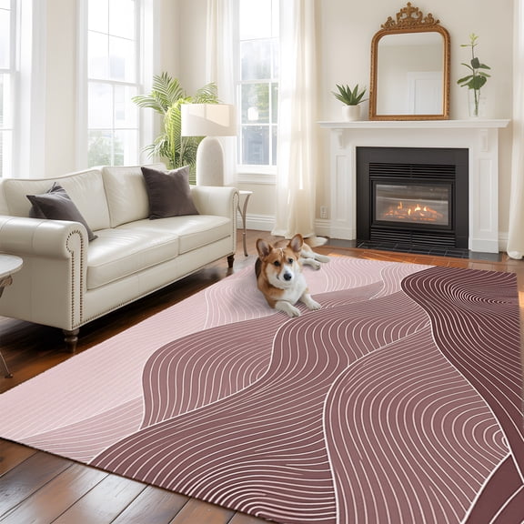 Blush Pink Mountain Ridges Washable Area Rug 5x8 Pink Ombre Line Mountains Abstract Low-Profile Large Area Rugs with Non Slip Backing Indoor Floor Carpet for Entrance Living Room Bedroom Home Office