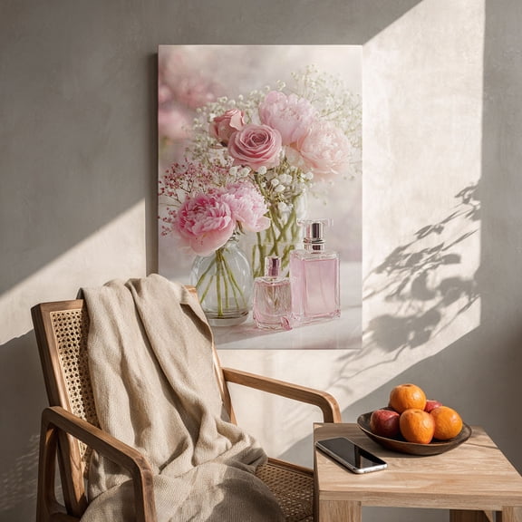 Blush Pink Peony & Perfume Canvas Wall Decor Ready to Hang Bedroom Bathroom
