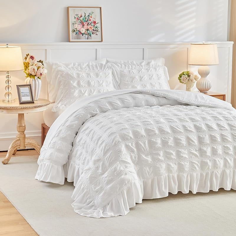 Blush Pink Plaid Seersucker Comforter Set with Ruffled Fringe Twin Size ...