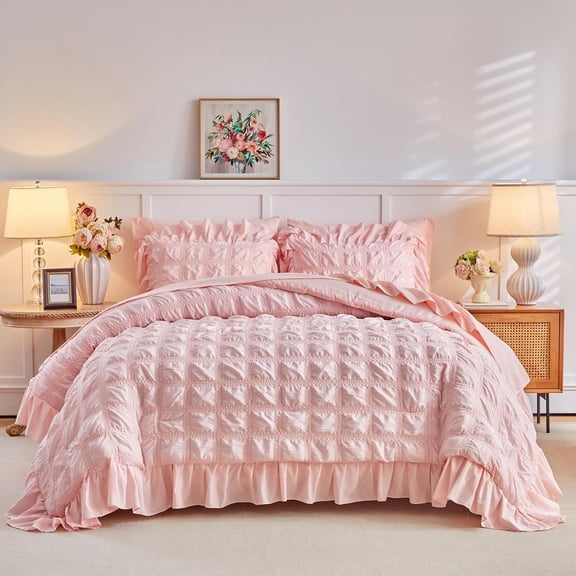 Blush Pink Plaid Seersucker Comforter Set with Ruffled Fringe King Size