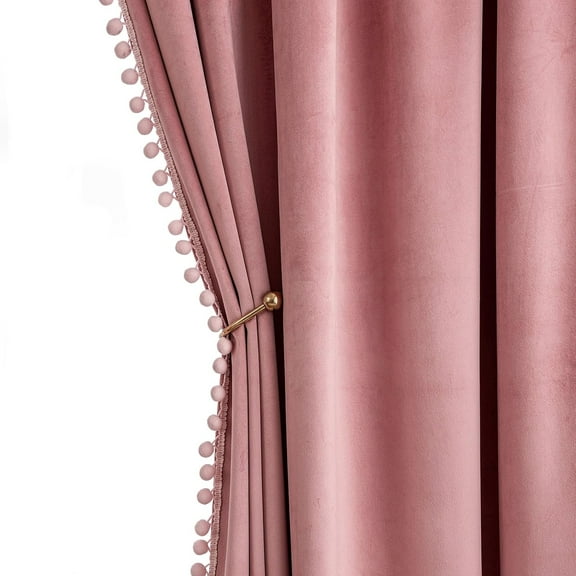 Blush Pink Pom Pom Velvet Curtains for Kids Bedroom/Living Room Darkening Thermal Insulating 84 Inches Long Boho Blackout Curtains with Rod Pocket for Girls Room/Nursery/Home Theater Set of 2