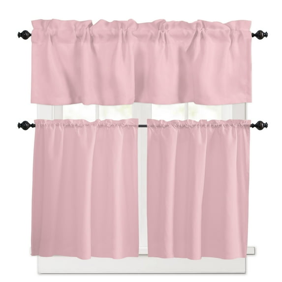 Blush Pink Pure Kitchen Curtain Set, Romantic Contemporary Minimalist Solid Window Valance and Tiers 36" Length, Light Filtering Short Curtains Valance for Cafe Bathroom Bedroom 54"x18"