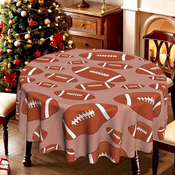 Blush Pink Random Football Pattern 2D Printed Circular Table Cover, 35/50/60/70 Inch Diameter, Polyester, Game Day Dining Table Decoration, Sports Party Decor
