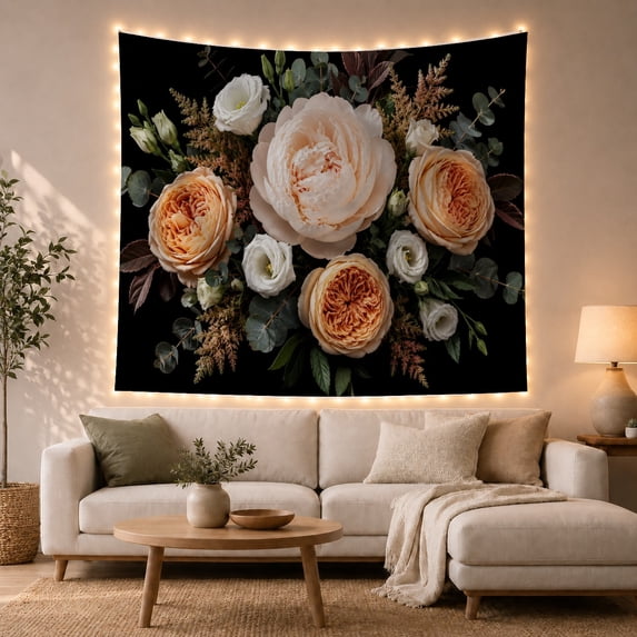 Blush Pink Roses Bouquet in Black Background, Romantic Watercolor for Flower Lovers, Botanical Wall Art Decor, Mother's Day Gift Tapestry Wall Hanging for Bedroom and Living Room