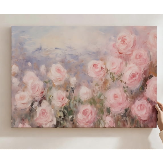 Blush Pink Roses Impressionist Canvas Wall Art, Soft Floral Botanical Decor, Dreamy Watercolor Rose Artwork For Bedroom, Bathroom, Living Room, Ready To Hang 8*12inch(20*30cm)